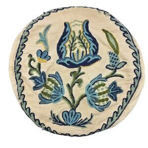 Vintage Crewel Embroidered Pillow Cover Round 12" Blue Floral Jute Cushion Case